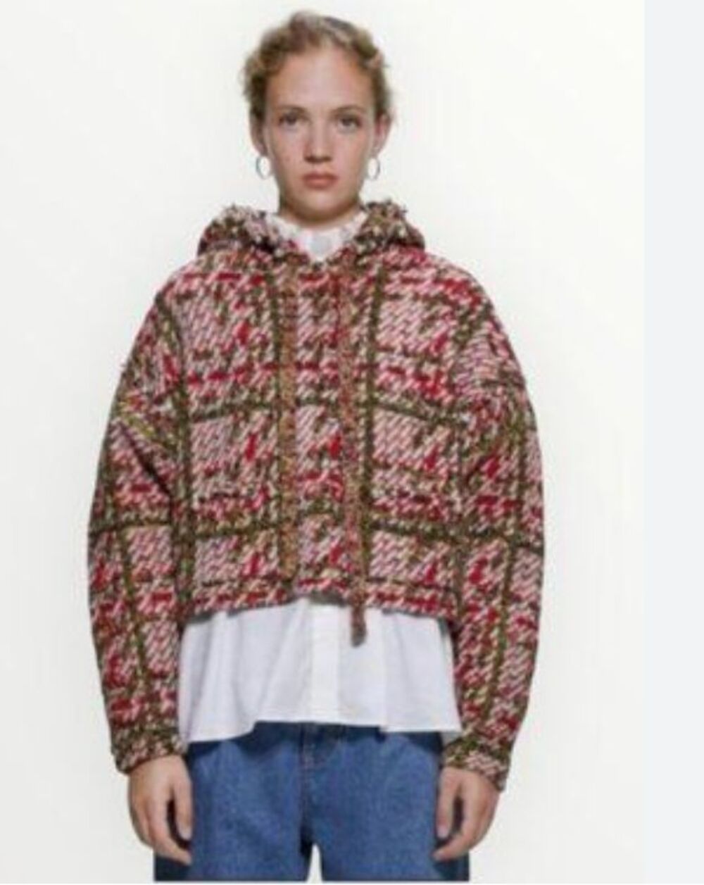 ZARA Hooded Tweed Knit Sweater Pearl Beaded Plaid Jacket Hoodie small